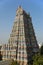 Meenakshi hindu temple in Madurai, Tamil Nadu, South India. Sculptures on Hindu temple gopura (tower). It is a twin temple, one o