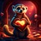Meerkat hugging heart Valentine\\\'s day card with cute little lemur holding red heart. AI generated animal ai