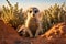 A meerkat perched in solitude amidst the vastness of a barren desert landscape, A meerkat on guard duty outside its desert burrow