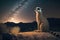 Meerkat stands in the middle of the savanna against the background of the night starry sky. Generative AI