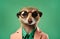 A meerkat wearing glasses on a green background