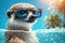 Meerkat wearing sunglasses chilling in the swimming pool at a tropical resort. Generative AI