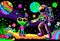 Meeting of astronaut and alien. Psychedelic landscape. Space exploring cartoon banner