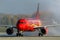 Meeting of the first flight to Ukraine of OO-SNA Brussels Airlines Airbus A320-200 aircraft with water rainbow