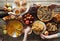 Meeting friends at the festive table to celebrate the Passover.The view from the top,the guest hands over the food table