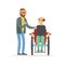 Meeting of friends, two men talking, one disabled man sitting in a wheelchair, healthcare assistance and accessibility