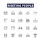 Meeting people line vector icons and signs. Networking, Gathering, Bonding, Interacting, Conversing, Interfacing