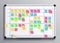 Meeting white board with color stickers. Scrum task board with sticky notes of daily plan vector illustration