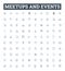 Meetups and events vector line icons set. Meetups, Events, Gatherings, Networking, Conventions, Seminars, Reunions