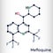 Mefloquine, C17H16F6N2O antimalarial drug molecule. It is medication used to treat malaria, coronavirus disease COVID-19. Skeletal