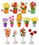 Mega collection of spring and summer colorful flowers in pots,  watering cans