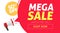 Mega sale banner design with off price discount offer tag and megaphone announce vector illustration, flat clearance