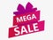 Mega sale banner with gift box and ribbon, template design isolated on white background. Sticker with a gradient. Vector