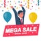 Mega sale. Businessman offers super discounts.