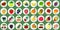 Mega set of icons of various fruits and berries in a white circle with a shadow on a green background. Logo, vegetables