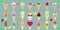 Mega set of twenty one stickers ice cream cute kawaii character smile, in a waffle cup and on a stick, juicy fruits and berries in