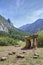 Megalithic dolmen of Santa Elena in a mountain landscape in the Pyrenees, Biescas, Tena Valley Huesca , Spain