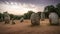 Megalithic site in Portugal Almendres Cromlech at sunrise.