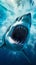Megalodon, Giant Prehistoric Shark Swimming in Crystal-clear Water. Generative ai