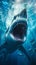 Megalodon, Giant Prehistoric Shark Swimming in Crystal-clear Water. Generative ai