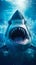 Megalodon, Giant Prehistoric Shark Swimming in Crystal-clear Water. Generative ai