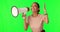 Megaphone, announcement and woman on green screen for broadcast with wow and excited for news or sale. Voice, speech and