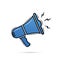 Megaphone icon. Loud announce. Blue loudspeaker sign. Shout in speaker. Bullhorn alert. Noise speaker. Speak news announcement. Lo