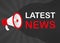 Megaphone LATEST NEWS with red objects on gray pop background. Vector