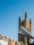 Megaphone loudspeaker against Victoria tower, Westminster, London, UK