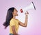 Megaphone, protest and voice of woman isolated on pink background broadcast, justice and gen z opinion. Person profile