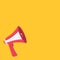 Megaphone, speaker, loudspeaker round icon. Announcement sign symbol in the corner. Template. Flat design. Red color. Yellow backg