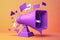 Megaphone with speech bubbles on colorful background