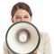 Megaphone, speech and portrait of business woman in studio for news, announcement and information. White background