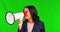 Megaphone, speech and woman with news in green screen studio for announcement on mockup background. Bullhorn, noise and