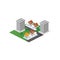 Megapolis 3d isometric three-dimensional view of the city. Collection of houses, skyscrapers, buildings, built and supermarkets