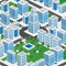 Megapolis 3d isometric three-dimensional view of the city. Collection of houses, skyscrapers, buildings, built and supermarkets