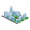 Megapolis 3d isometric three-dimensional view of the city. Collection of houses, skyscrapers, buildings, built and supermarkets