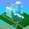 Megapolis 3d isometric three-dimensional view of the city. Collection of houses, skyscrapers, buildings, built and supermarkets