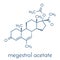 Megestrol acetate appetite stimulant drug molecule. Also used as cancer drug in in combination contraceptives. Skeletal formula.