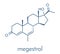 Megestrol molecule. Megestrol acetate, the ester of megestrol is used as an appetite stimulant and cancer drug. Skeletal formula.