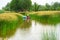 Mekong delta landscape with Vietnamese woman rowing boat on Nang - type of rush tree field, South Vietnam