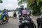 MEKONG DELTA, VIETNAM- 28.12.2016: Crowd of people sitting on motorbike to cross the river by ferry boat, this is passenger