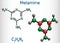 Melamine C3H6N6 molecule. It is used to produce melamine resins. Structural chemical formula and molecule model