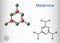 Melamine C3H6N6 molecule. It is used to produce melamine resins. Structural chemical formula and molecule model. Sheet of paper in