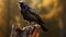 Melancholic Symbolism: A Black Crow Perched On A Tree Stump