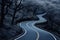 Melancholic winding road with few trees in background. Generative AI