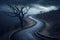 Melancholic winding road with few trees in background. Generative AI