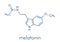 Melatonin hormone molecule. In humans, it plays a role in circadian rhythm synchronization. Skeletal formula.