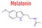 Melatonin hormone molecule. In humans, it plays a role in circadian rhythm synchronization. Skeletal formula.