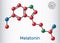 Melatonin molecule, sleep hormone. Atoms are represented as spheres with color: carbon (red), oxygen (blue), nitrogen (green). Mo